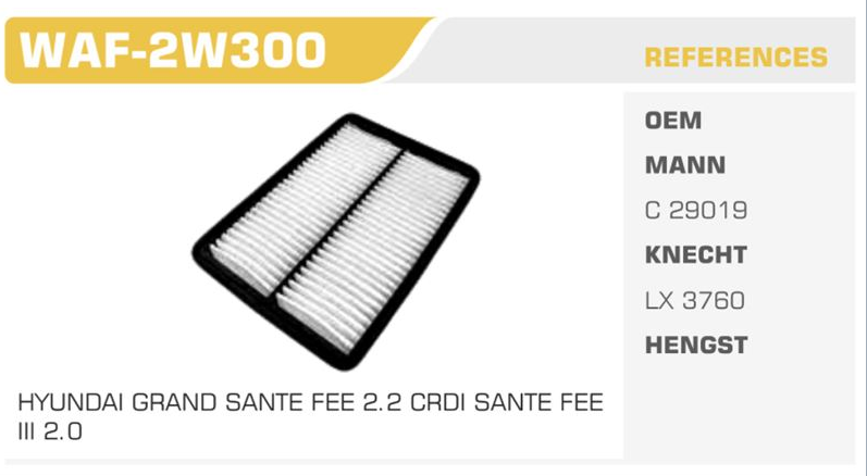 WAF-2W300 HAVA FİLTRESİ SANTA FE III SORENTA II 2.0 CRDI 2.2 CRDI