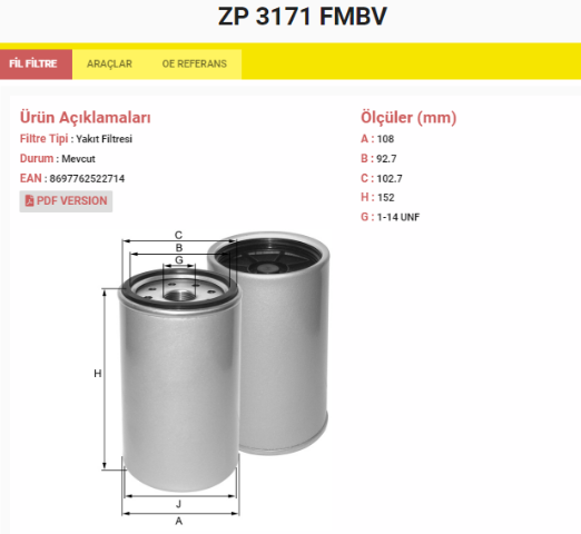 ZP3171FMBV Yakıt Filtresi Oem: ALCO FILTER